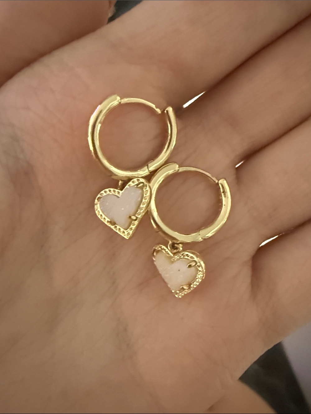 Kendra Scott Gold Hoop Earrings with Light Pink Heart Charms